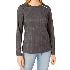 Nanette Lepore Womens Pullover Sz L Long Sleeve Plaid Double Knit Black NEW‎